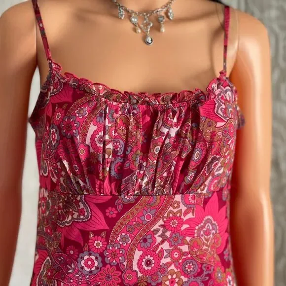 Vintage 90s California Concepts Pink Paisley Mesh Overlay Milkmaid Dress Size M - Picture 3 of 8